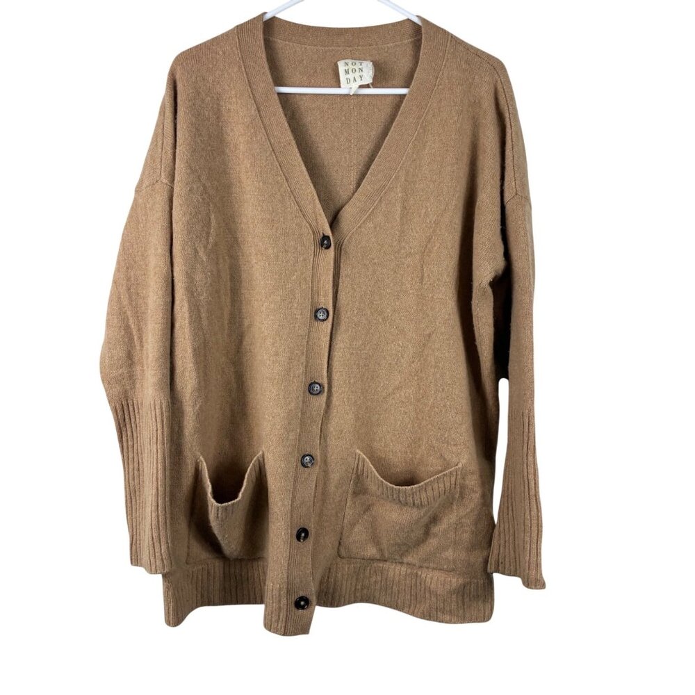Not Monday Francesca 100% Italian Cashmere Cardigan M Camel Tan Quiet Luxury EUC